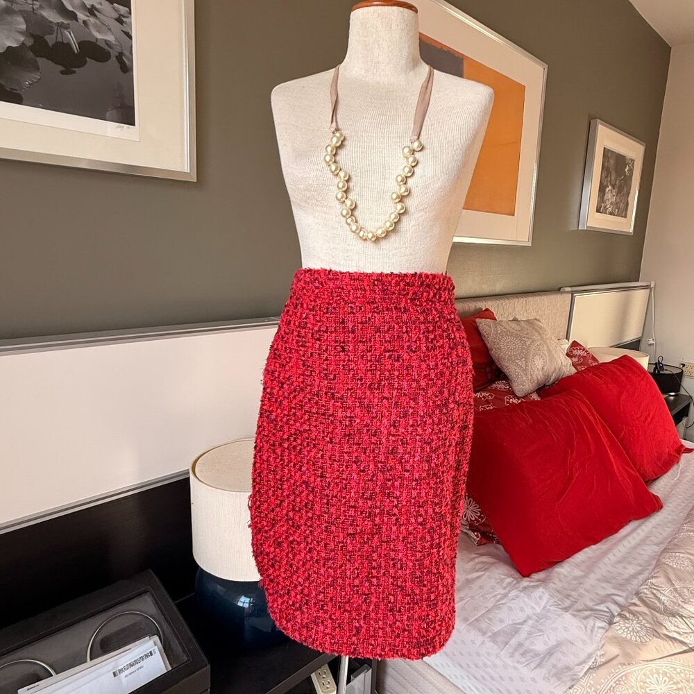 Donna Karan New York DKNY Red Black Metallic Tweed Pencil Skirt Sz 2